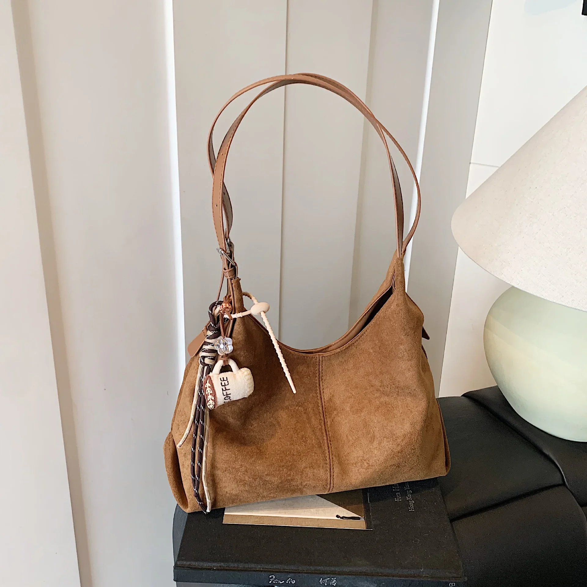 

Autumn Winter Suede Women's Shoulder Bag Solid Versatile Underarm Bags Temperament Commute Handbag with Personalized Pendant