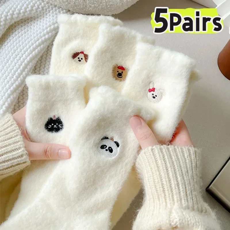 Women Cute Plush Socks Winter Girls Warm Home Sleep Mink Fleece Sock Soft Kawaii Cat Embroidered Middle Tube Socks Harajuku Gift