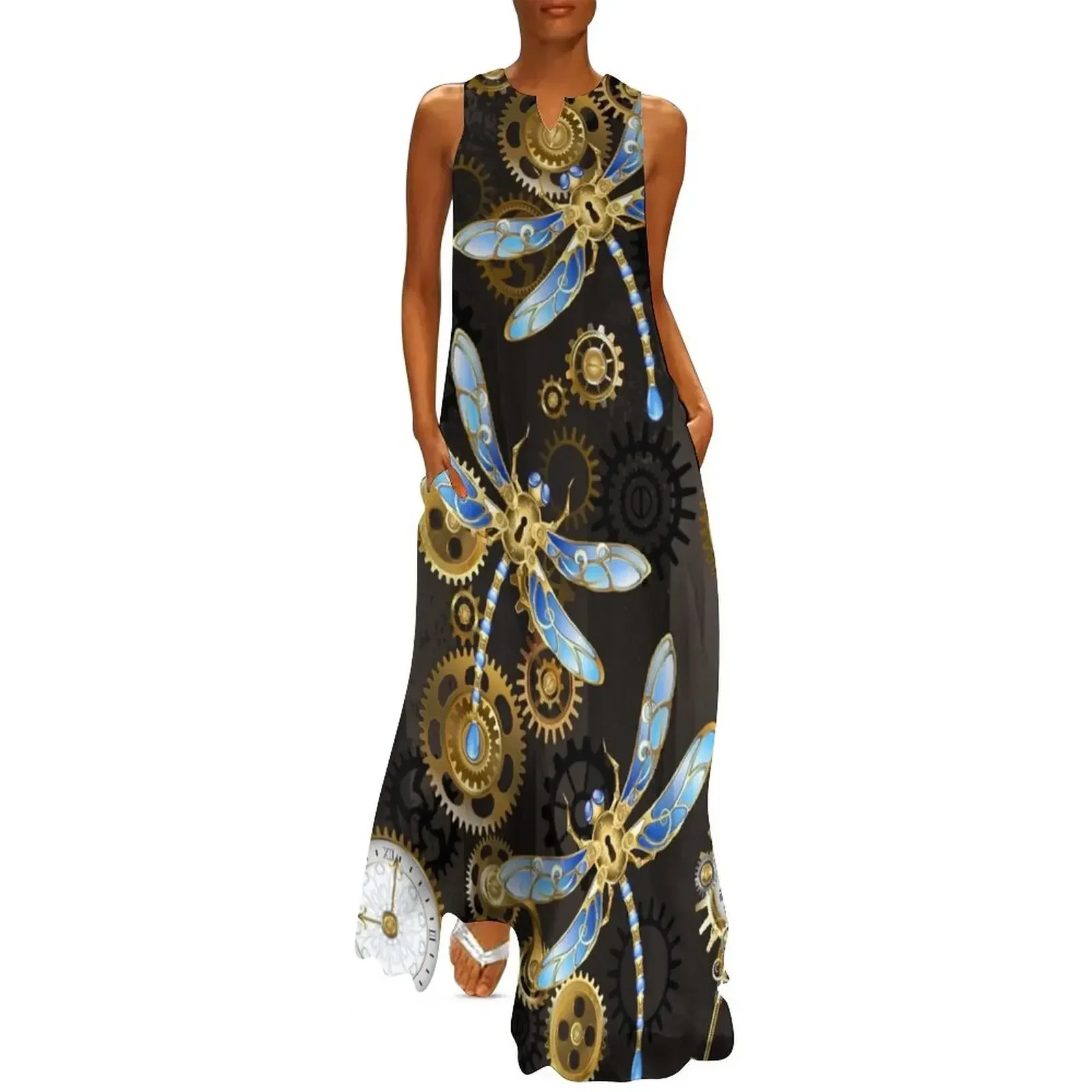 

Steampunk Dragonflies on grunge background Long Dress Bride dresses beach outfits for women long dress women summer Dress