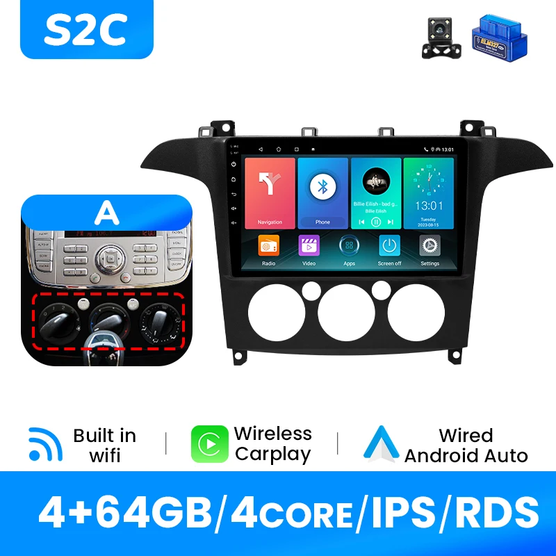 Draadloze Carplay Autoradio Speler Voor Ford S-Max 2007-2015 Android14 Auto 4G Wifi Multimedia GPS DSP 1280*720 IPS Scherm Geen 2Din