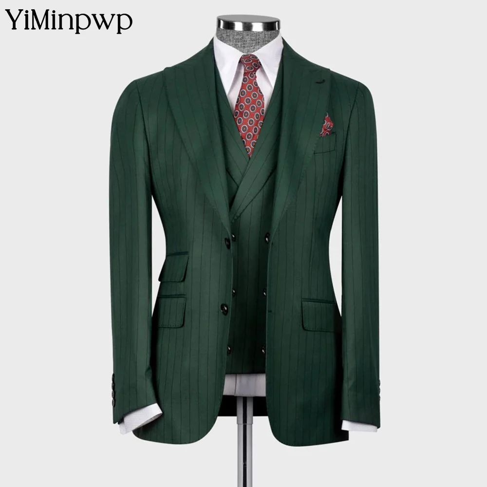 

Green Men's Suits Pinstripe Formal One Breasted Peak Lapel 3 Piece Office Wedding Party Blazer Vest Pants Set Jacket+Vest+Pants