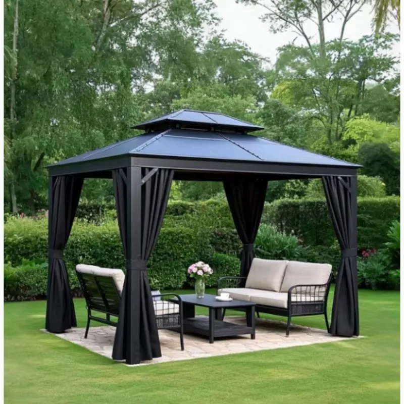 Modern Hardtop Gazebo Outdoor Patio Pavilion with Privacy Curtains Double Roof Metal Canopy for Garden Backyard Deck