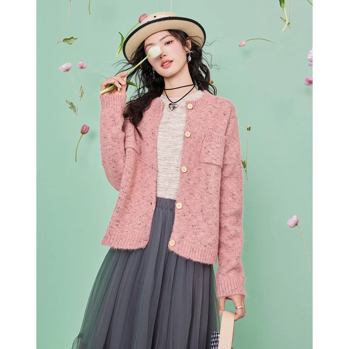 Spring and summer soft wind multi-color knitted cardigan women's loose and slimming round-neck sweater coat top
