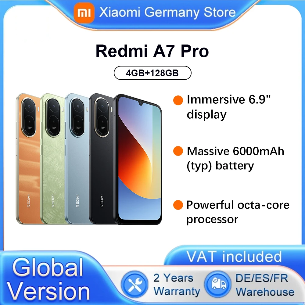 Version globale du smartphone Redmi A7 Pro, écran 6,9 pouces, double caméra IA 13MP, batterie 6000mAh, alimenté par Xiaomi HyperOS, puissant processeur octa-core, caméra principale 13MP.