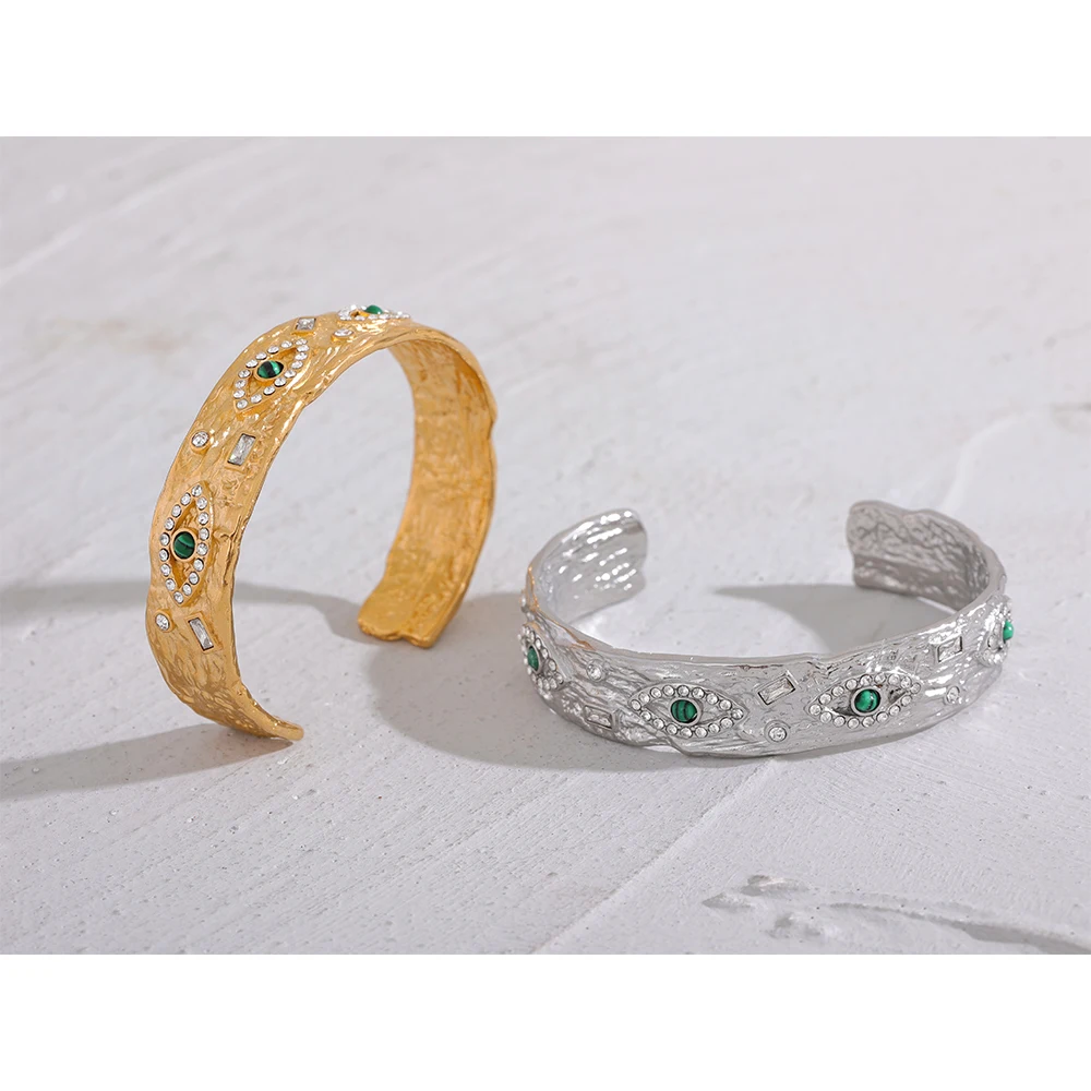 Yhpup 60mm Exquisite Stainless Steel Charm Eye Zircon Vintage Cuff Open Bracelet Bangle Delicate Gold Color High Quality Jewelry