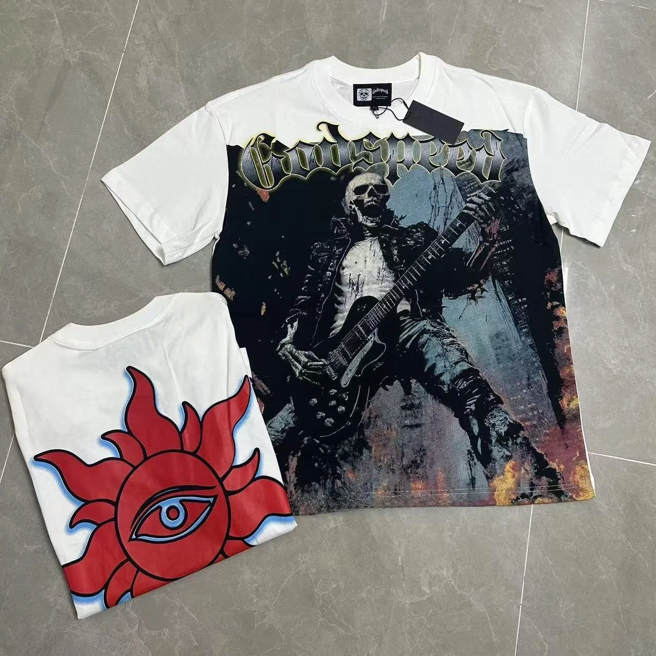 Godspeed American Retro Rock Skeleton Singer Print Short Sleeve INS Style Heavyweight Pure Cotton round Neck T-Shirt Streetwear