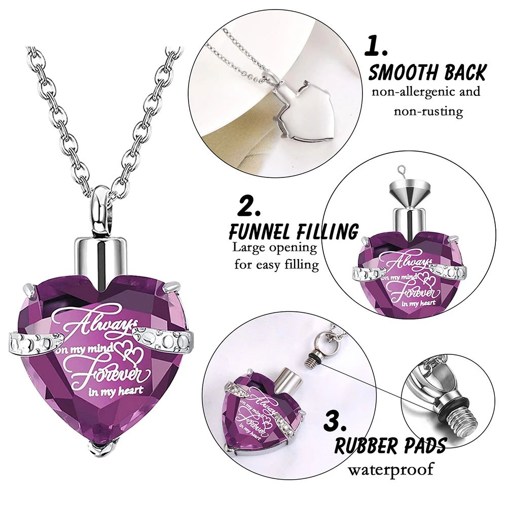 3 Pcs Pet Cremation Urn Necklace for Ashes Keepsake Cremation Jewelry Heart Crysta Urn Necklace Stainless Steel Memorial Pendant