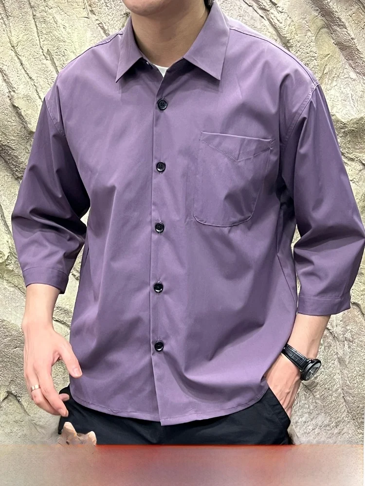 

Мужская однотонная повседневная одежда OZ Silhouette irt Seven-Quarter Sve, свободная посадка, летняя модная молодежная пуговица из полиэфирного волокна...