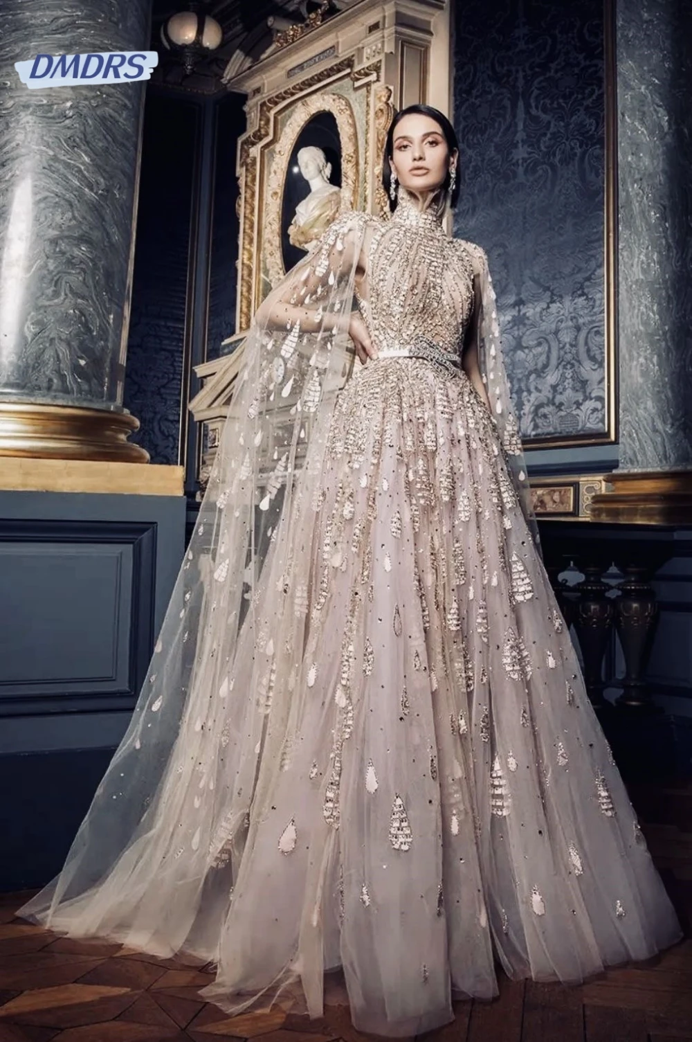 Robe longue en mousseline de soie avec col haut, robe classique luxueuse, dentelle royale, sexy, poignées amovibles, châle, quelle que soit