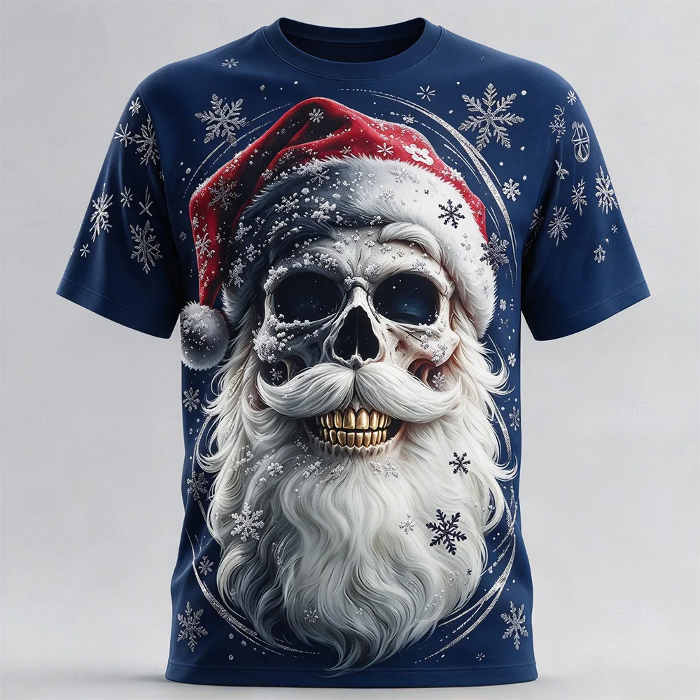 Men Christmas Short Sleeve T-shirt Scary Skull Santa Claus Print Tee Tops Ugly Christmas Xmas Graphic Men's Tshirt Gift for Male