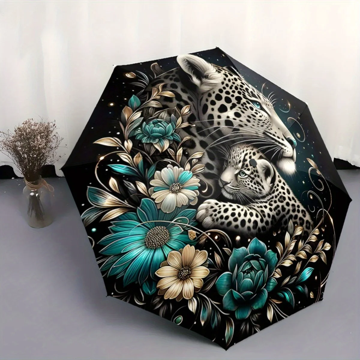 

Automatic Open/Close Umbrella with Leopard & Floral Pattern - Compact Folding Umbrella, Windproof 8-Rib Shaft, Elegant Leopard