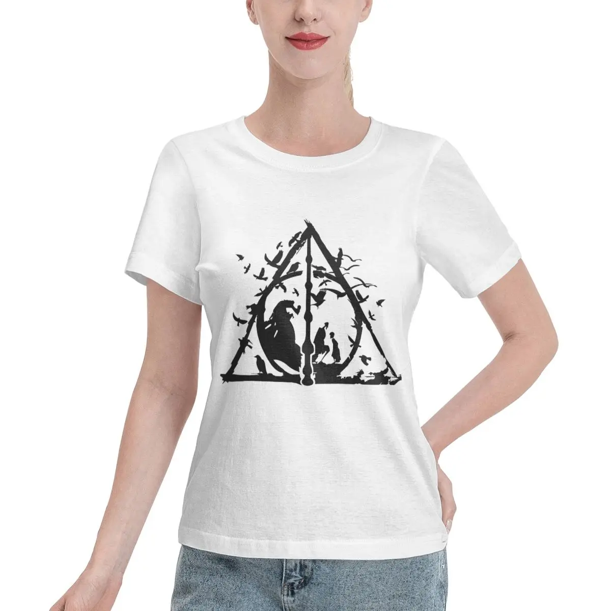 Camiseta acogedora para mujer, estilo Y2K, con diseño de magia de mago y bruja de las reliquias de la muerte