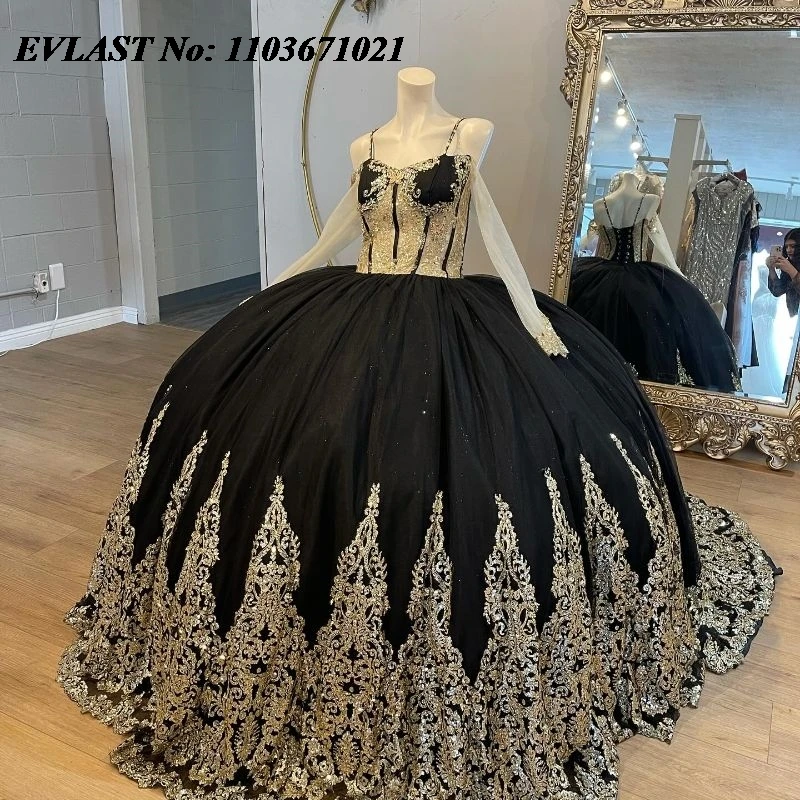 

EVLAST Customized Black Quinceanera Dress Ball Gown Gold Lace Applique Beaded Corset Sweet 16 Vestidos De XV 15 Anos SQ97