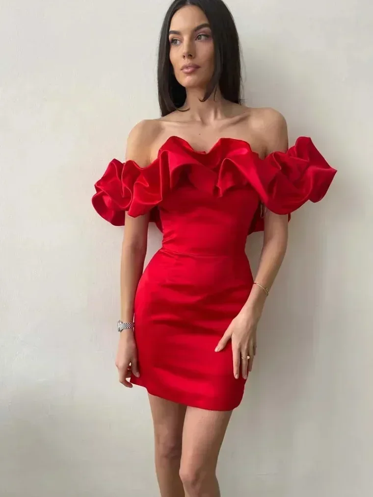 Women Elegant Slash Neck Ruffles Short Party Dresses 2024 Fall New Fashion Sleeveless Off Shoulder Bodycon Zip-up Evening Dress