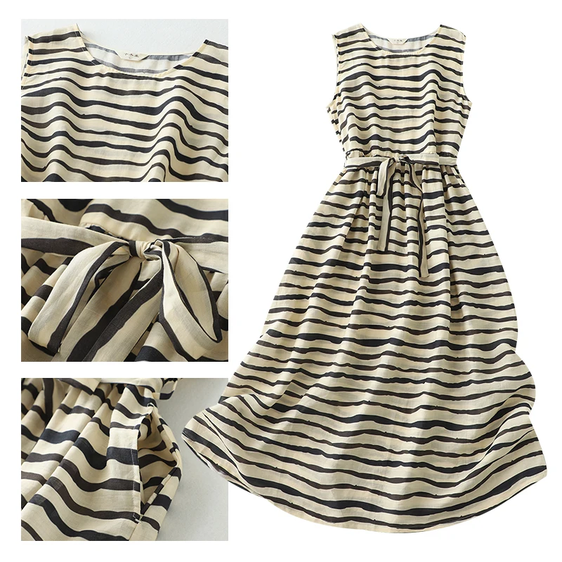 Vestido leve de aodão e linho, sem mangas, gola redonda, estampa, novo estilo, camada única, ade escura, tra, e...