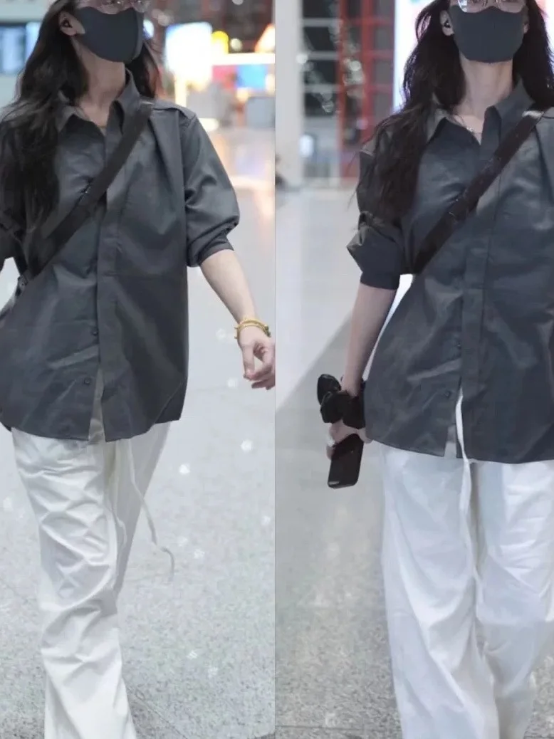 

Nini Airport Dark Shirt Women's Loose Fit Vintage Simple Versatile Long Sleeve Casual Style Fashionable Breathable Comfortable