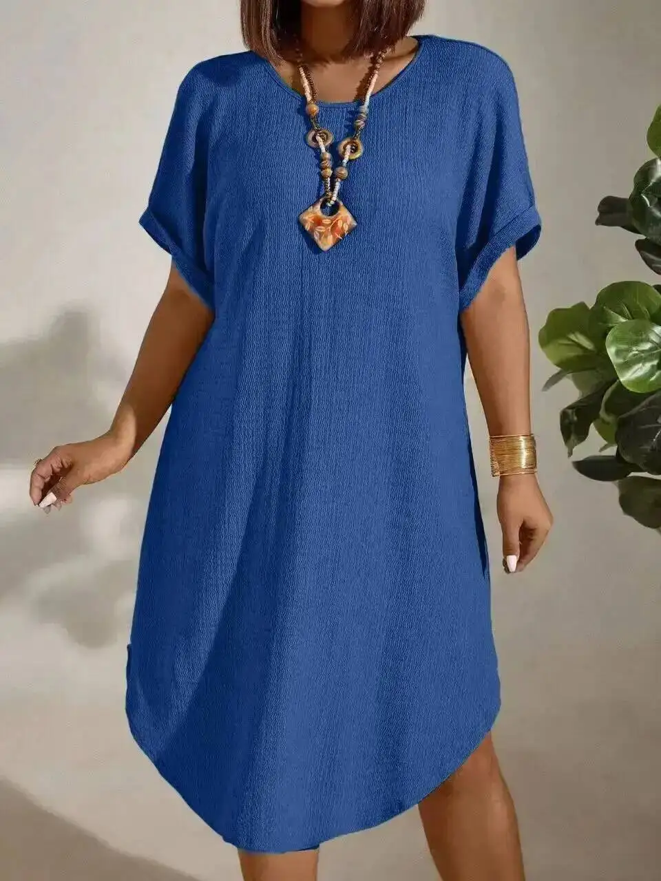 미국 대형 여성 의류 2025 여름 신상 반팔 단색 드레스 대형 티셔츠 미니 드레스 탑 PP3H