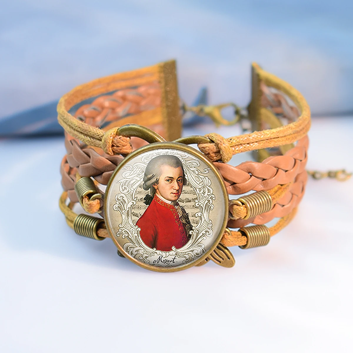 Beethoven and Piano Bracelet Music Instrument Glass Cabochon Brown Multi-layer Leather Bracelet Fashion Jewelry Gifts for Women