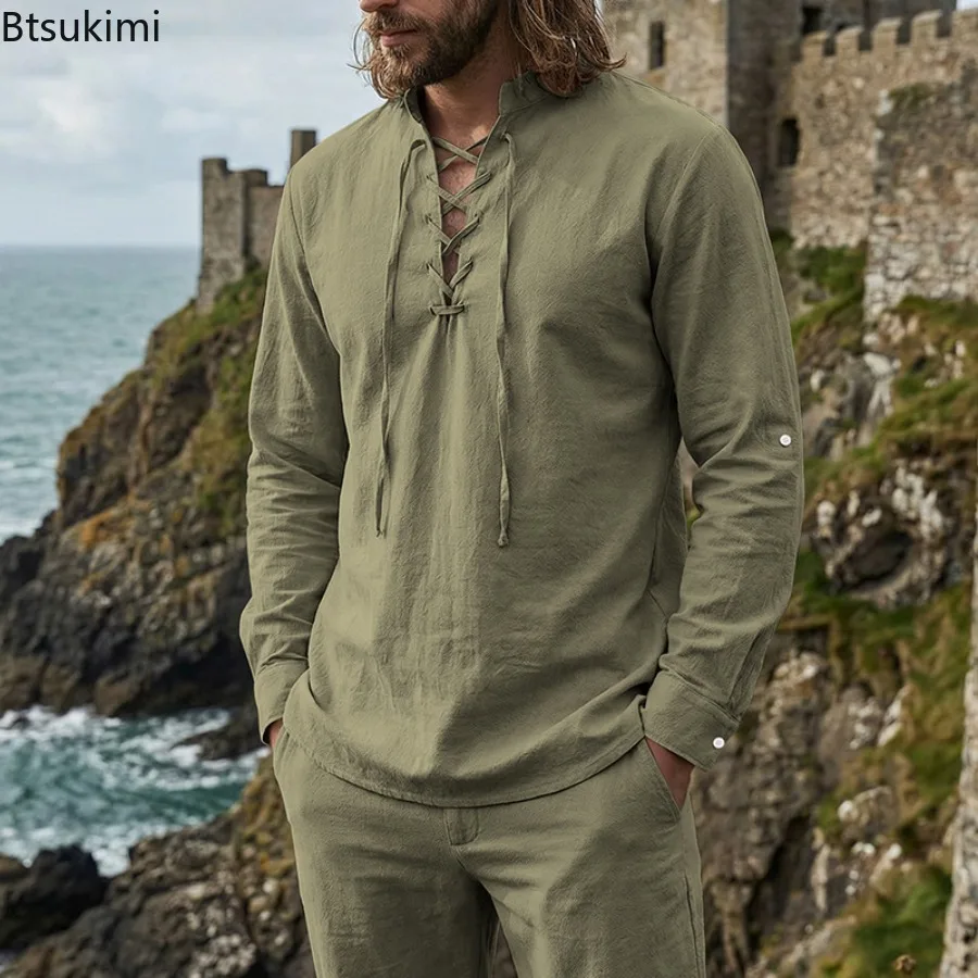 Men's Vintage Medieval Lace-up Linen Long Sleeve Shirt Casual Loose Pirate Henley Neck Beach Tops Comfortable Breathable Garment