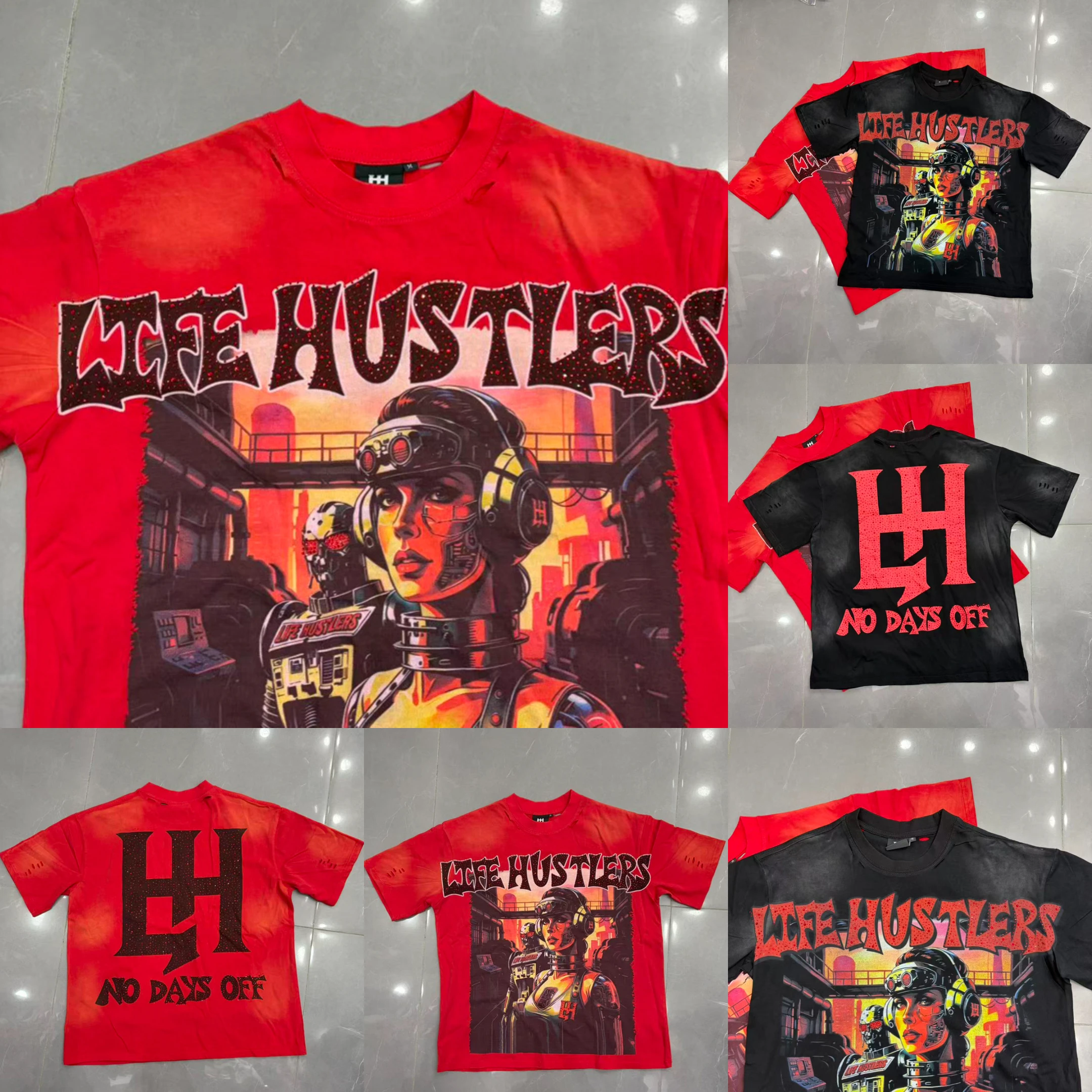 American Retro Distressed Black Red Life Hustlers T-shirt High-quality Cotton Embroidered Letter Glitter Print Short Sleeves