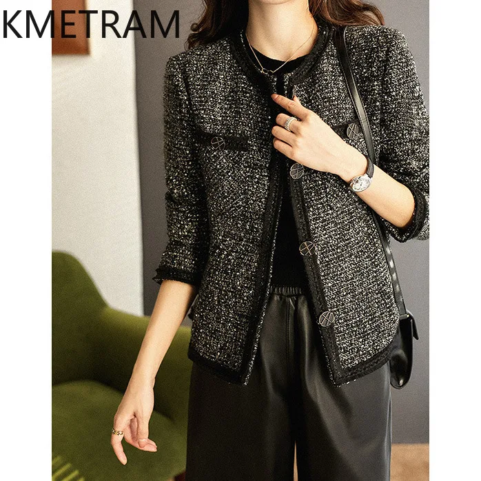 

KMETRAM Natural Wool Jacket Fashion New in Outerwears Black Elegant Tweed Jackets Winter Clothes Women 2024 Chaquetas Para Mujer