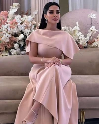 Romantic Pink Satin Evening Dresses Floor-Length Simple A-Line Short Sleeves Party Gown with Backless Dubai For Women robes de