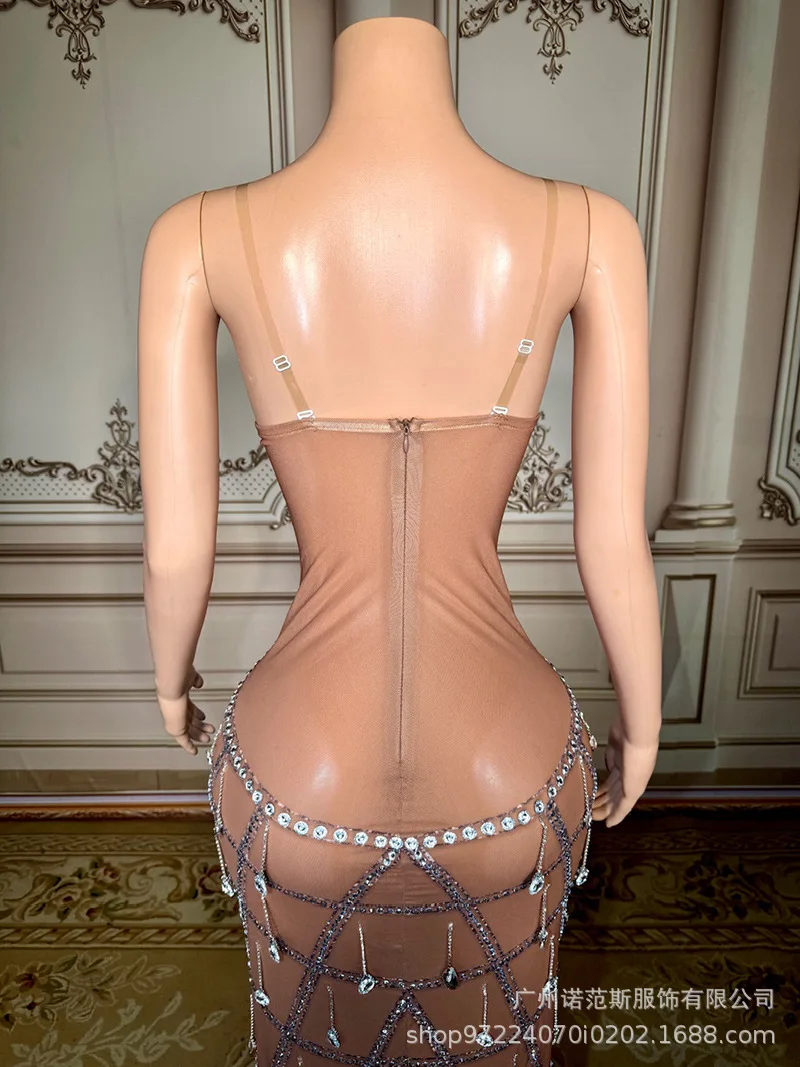 Temperament Naakt Luxe Strass Hoogtransparante Jurk Jaarvergadering Gastheer Jurk Volwassen Model Catwalk Trendy Kleding Vestidos