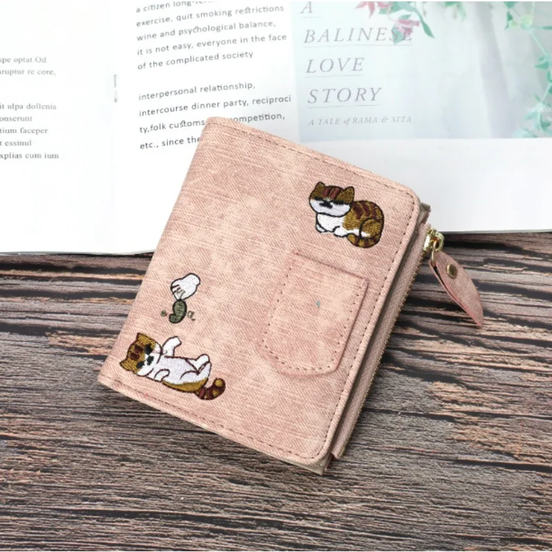 Embroidery Cat Women Short Wallet Zipper Coin Purse Short Women's Wallet Kawaii Mini Cards Holder Clutch for Girl Carteras Mujer