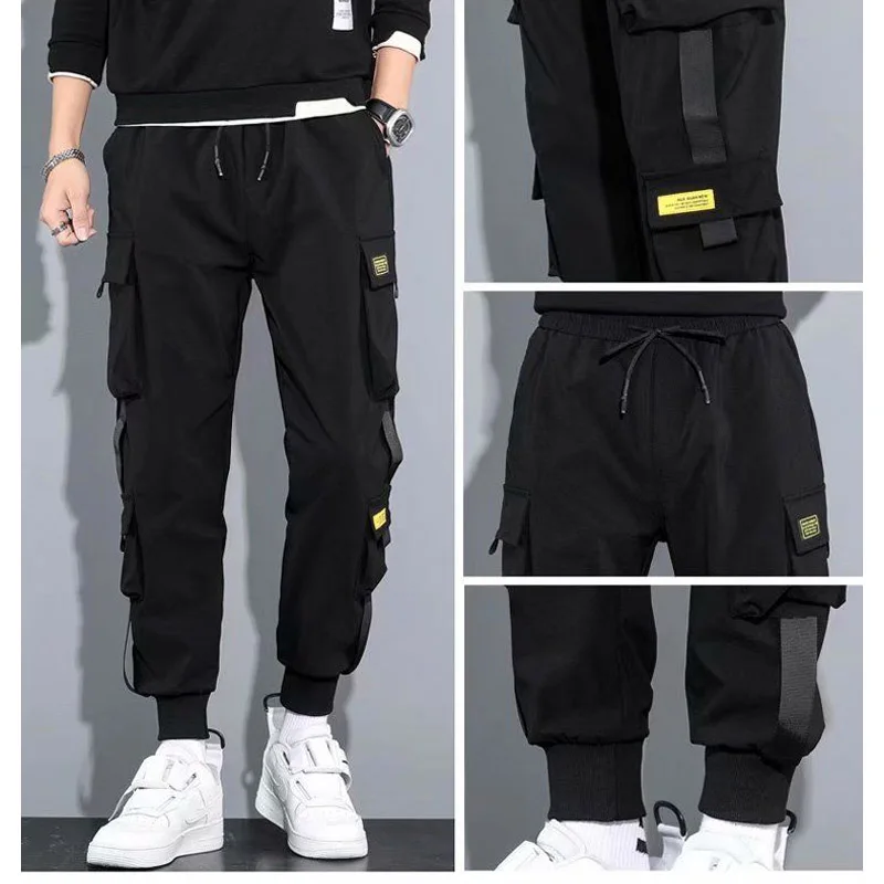 Fashion Personality Multiple Pockets Stickers Waist Drawcord Cargo Pants Man Loose Solid Color Casual Summer Trend Male Trousers