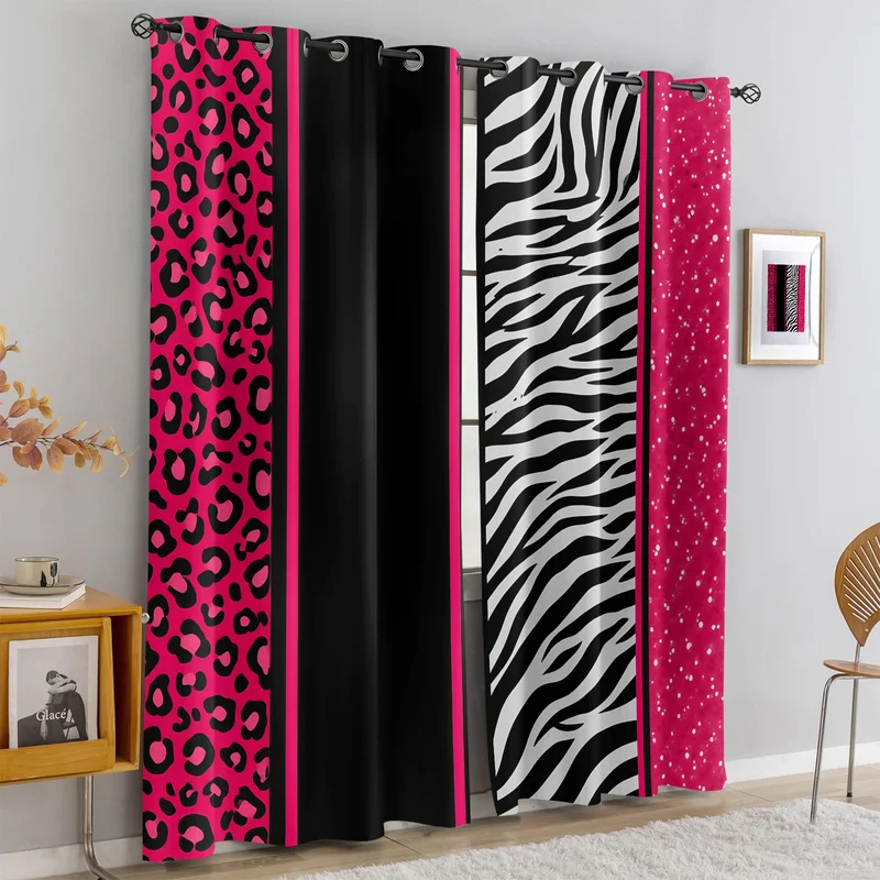 2Pc Hot Pink Leopard Zebra Splicing Print Curtains Light Blocking Curtains Decorative Drapes for Bedroom Living Room