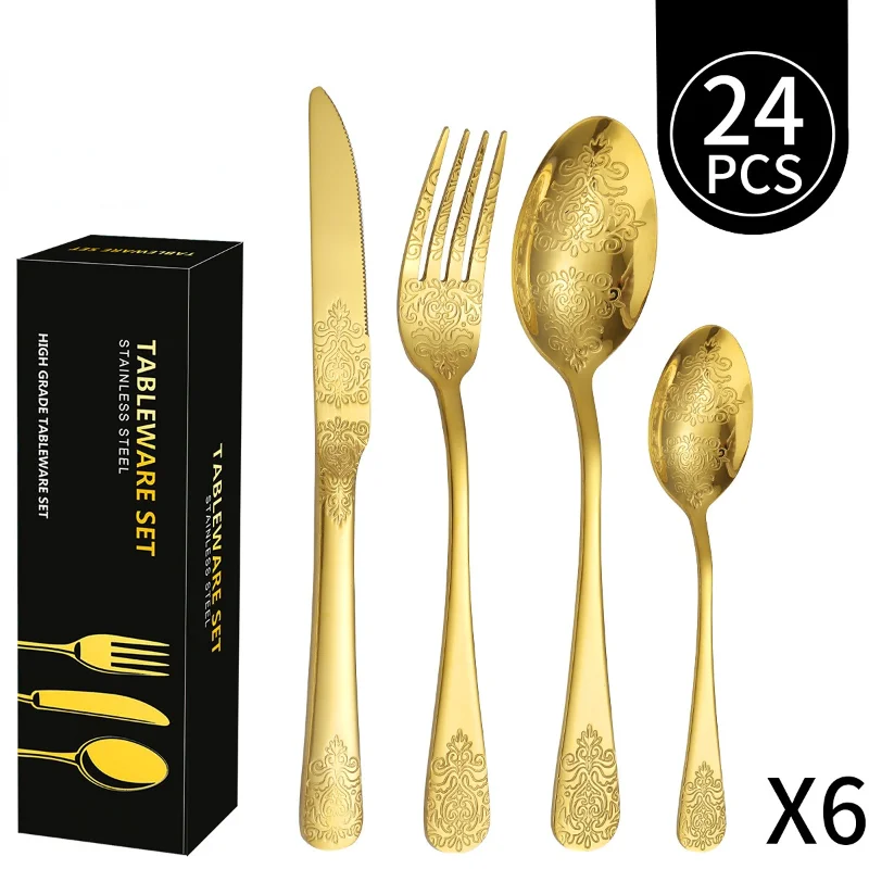 

New 304Stainless Steel Cutlery with Patterned Knife, Fork and Spoon 24PCS Family Party Western Steak Knife, Fork and Spoon