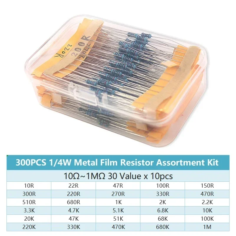 300/600PCS 30 Kinds 1/4W Resistance 1% Metal Film Resistor Kit with Box 1K 10K 100K 220ohm 1M Resistors