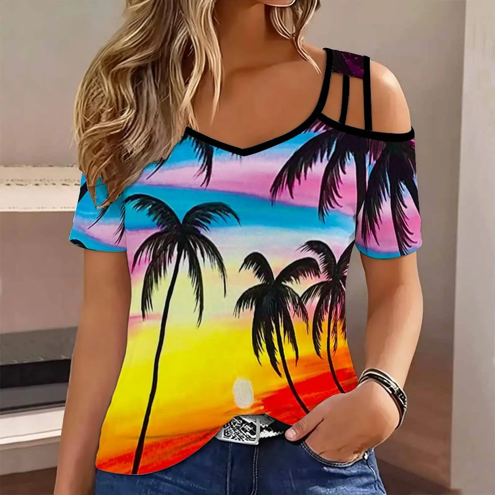 Plus Size Summer Ladies  Slim  Print Cold Shoulder V Neck T-shirt  Fashion Casual Women’s Top Commuting Vacation Beach Outfits
