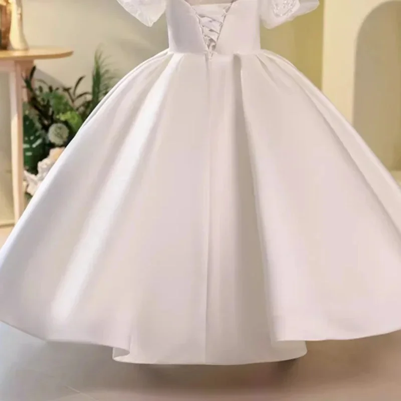 Custom Luxury Dress Female Wedding Guest Gown Girls Puff Sleeve Embroidery Satin Ballgown Wedding Dress Luxurious Birthday Party