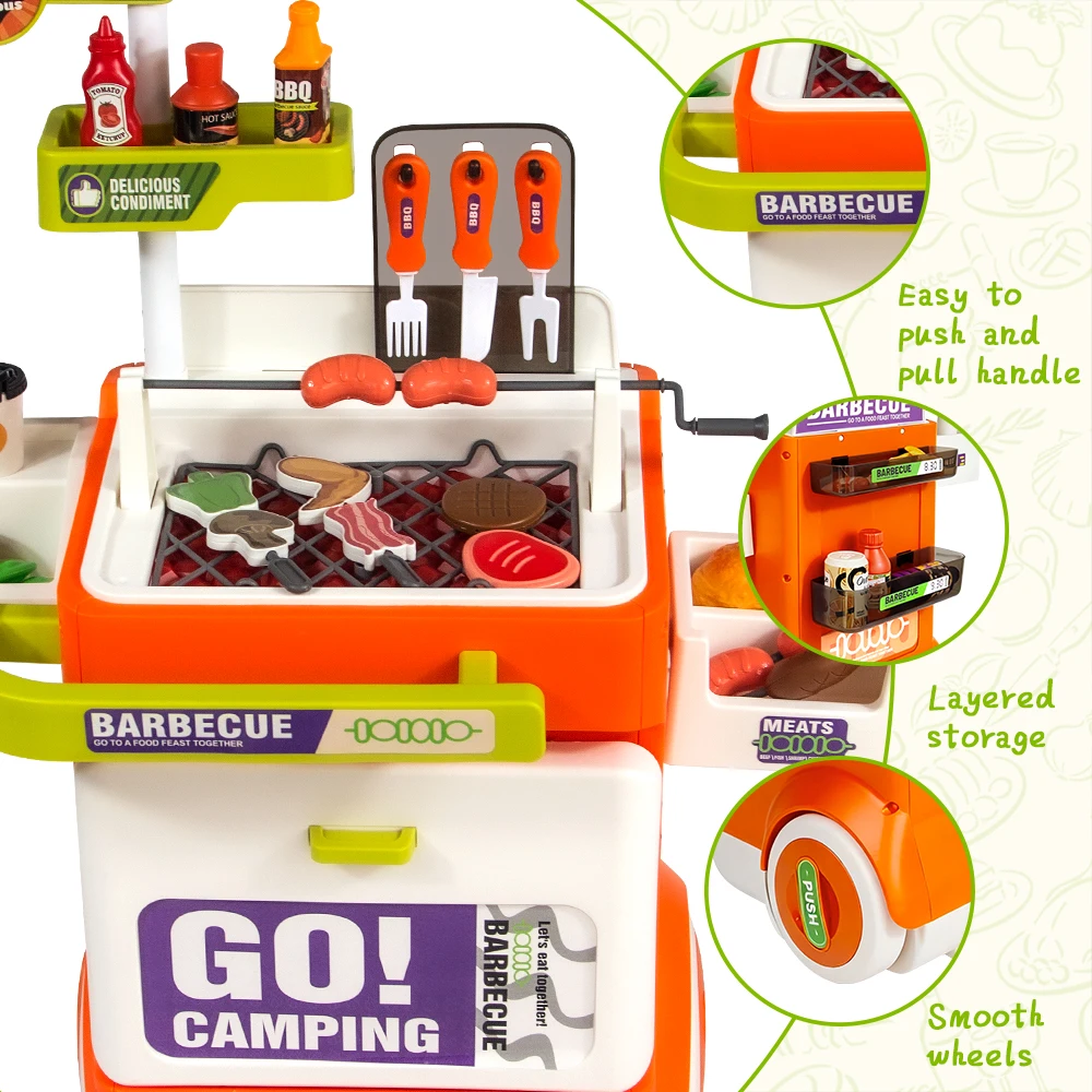 Multifunctional playhouse barbecue toy, with spray design, realistic barbecue tools, gift