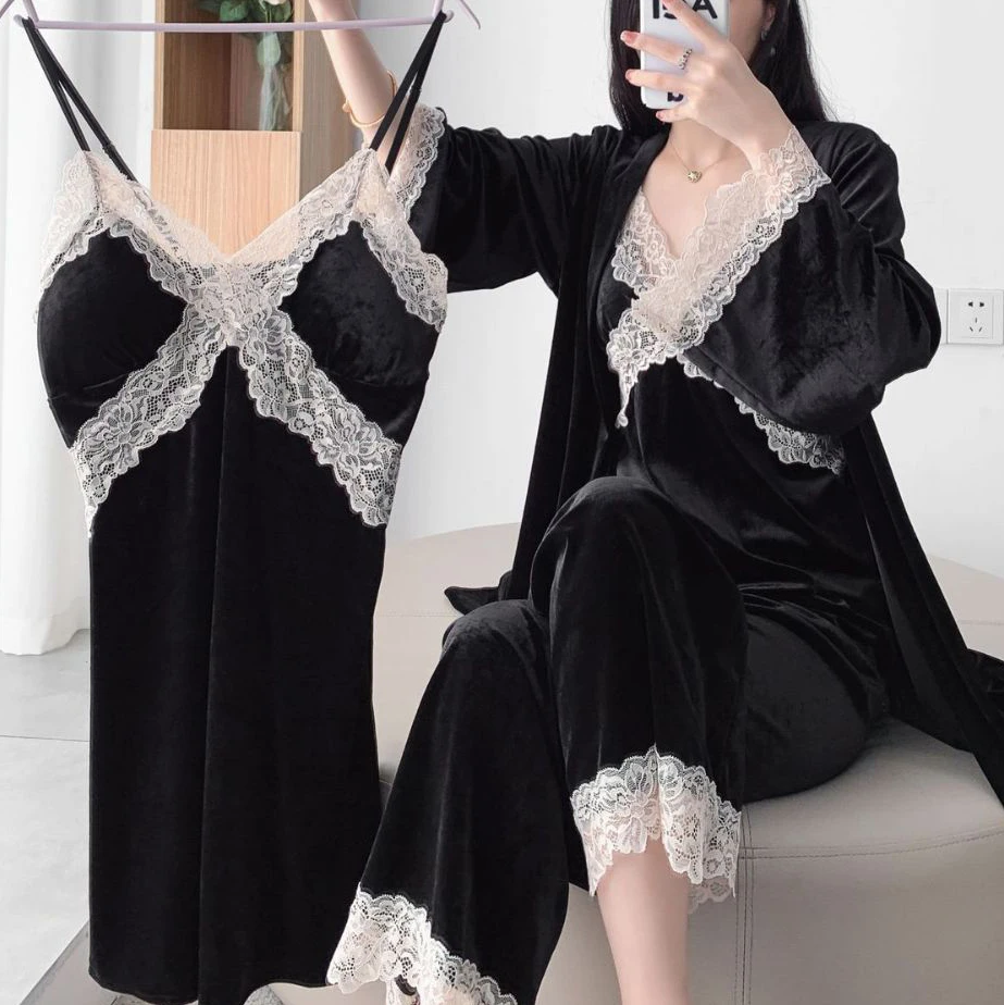 New Autumn Velvet 3PCS Pajamas Set Sleepwear Sexy Lace Trim Bath Robe Nightgown Loose Casual Velour Home Clothes Loungewear