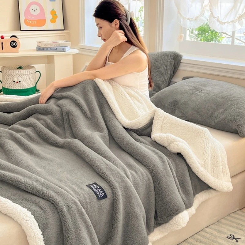 2025 A-Class Soft Cotton Half-Fleece Double-Layer Lamb Wool Blanket Solid Color Sofa Warm Autumn Winter Blanket