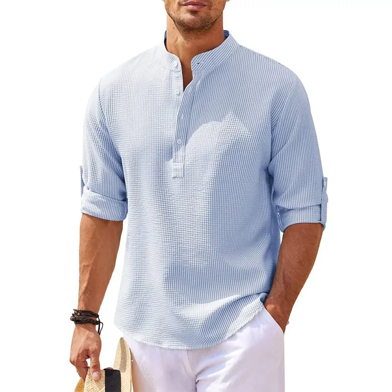 Camisa de manga larga con cuello levantado para hombre, blusa informal con botones, Color sólido, holgada, estilo playero, S-5XL, primavera y otoño, 2024