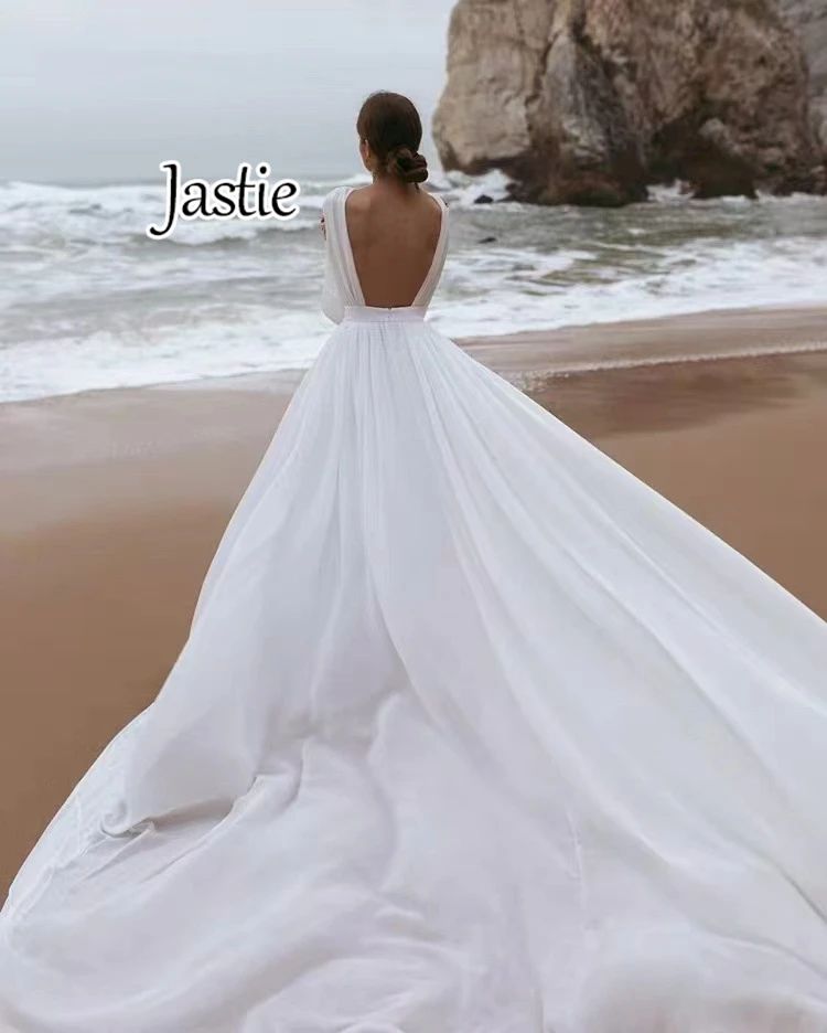 Jastie White Chiffon Long Sleeve Beach Dress Elegant Backless Tail Big Dress Womens Dresses Solid Waist Holiday Long Dress 2024