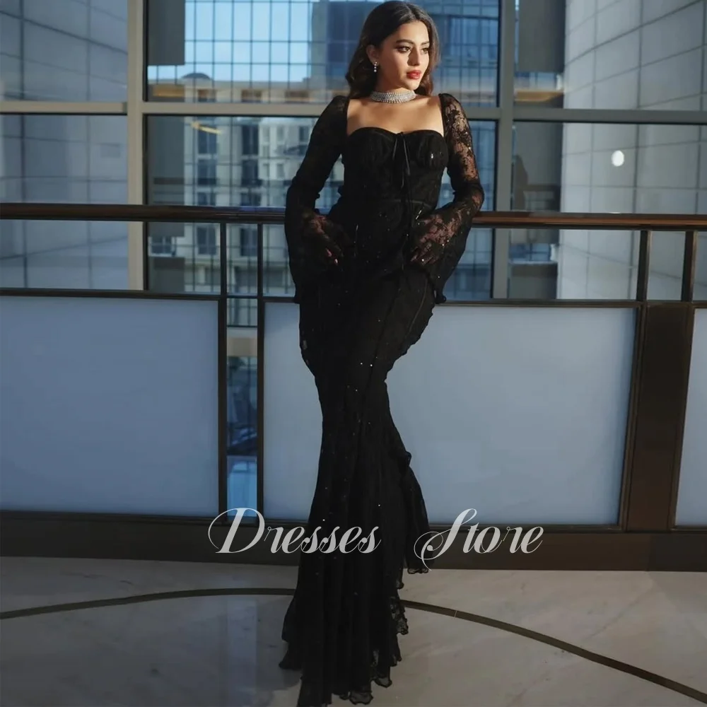 Giyu Elegante Zwarte Zeemeermin Kanten Avondjurk Lange Mouw Sweetheart 2025 فسات Mohamed 1914 Formele Feestjurk Customsied