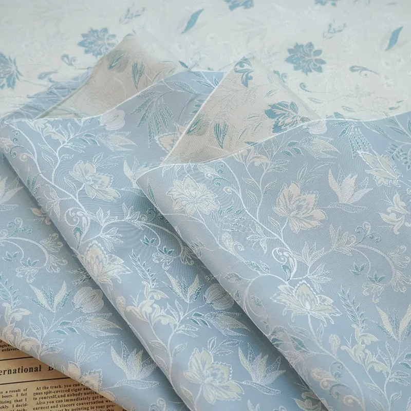 Elegant Blue Flower Yarn Dyed Jacquard Fabric Women's Spring Summer Dress Cheongsam Bag Diy Sewing Fabric 50cmx165cm