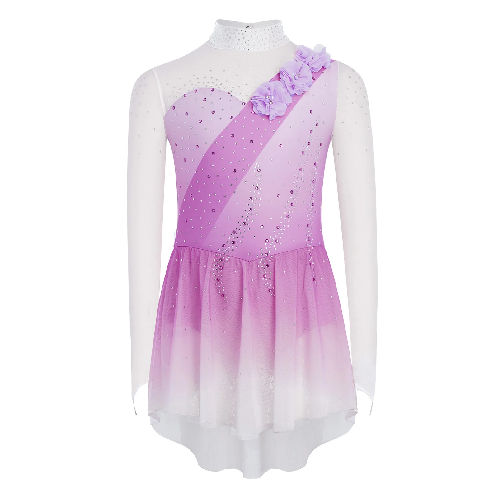 Kids Girls Figure Skating Performance Costume Sheer Mesh Patchwork Long Sleeves Rhinestones Gradient Color Ballet Dance Dress