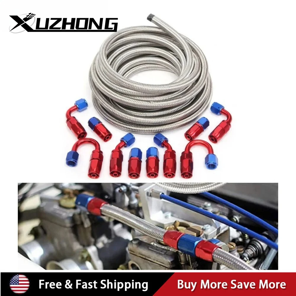 AN10 10FT Braided Nylon Fuel Line Kit 10pcs CPE Fittings For Hydraulic Fluid Pump Gas Alcohol Silver