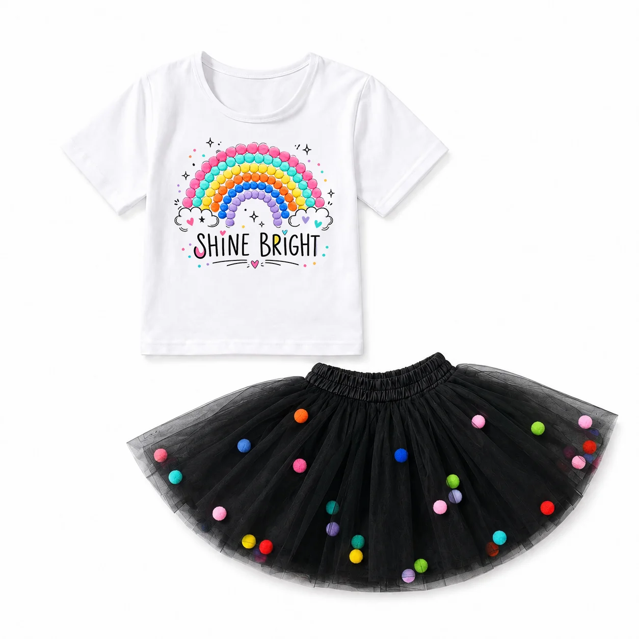 Summer Girls 2Pcs Outfit Rainbow Shine Bright Print Cotton Short Sleeve T-Shirt + Color Pom Pom Black Tulle Tutu Skirt Kids Birt