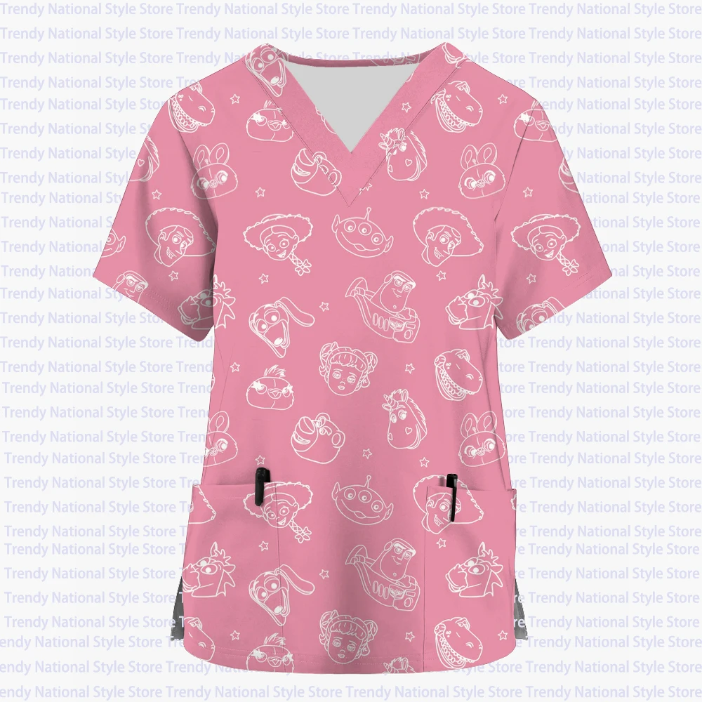 Women's Uniform Animal Print Cartoon Disney Buzz Lightyear V-neck Top Women's Nurse Work Clothes Medical Surgery Uniform