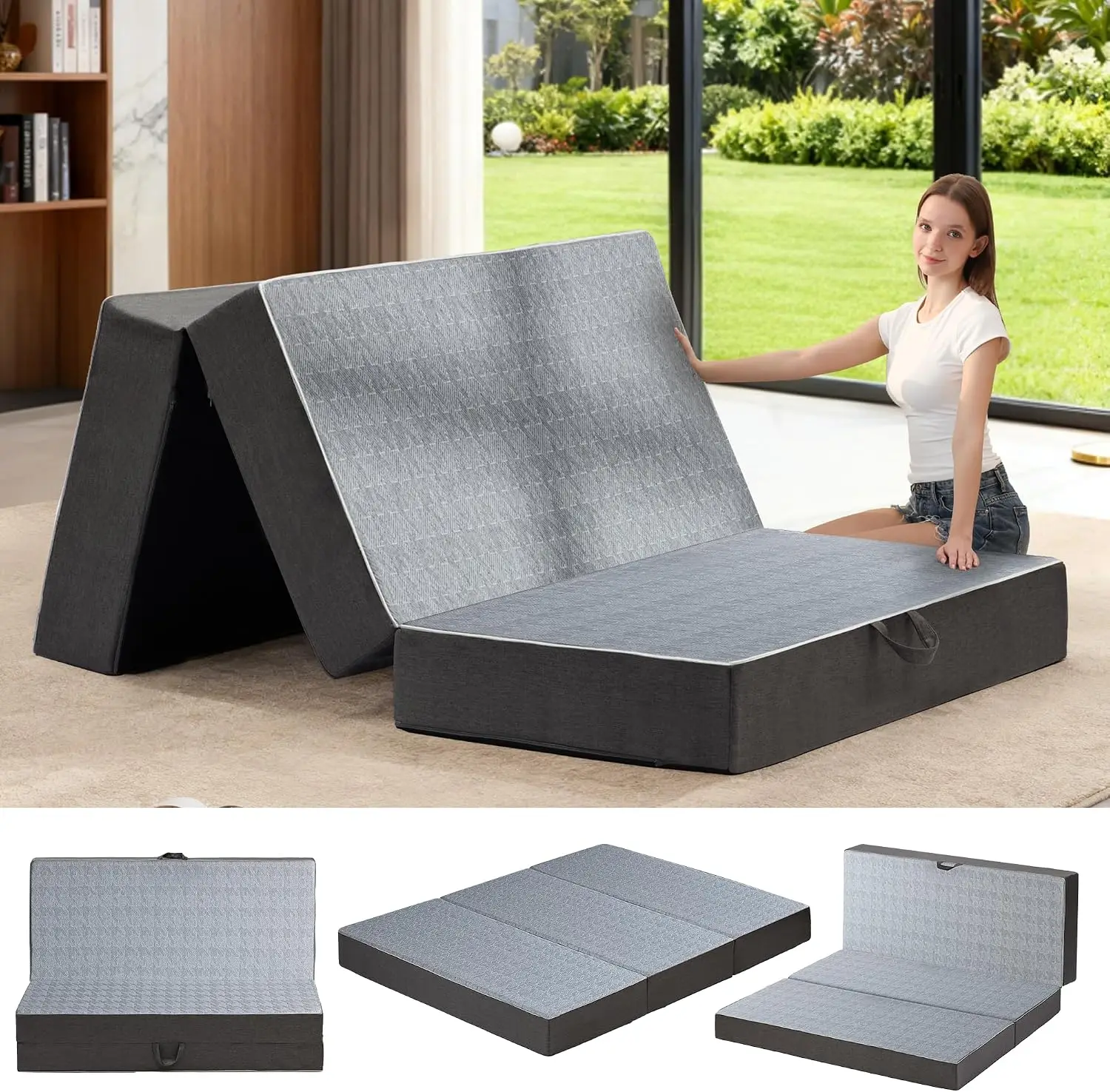 Tri Folding Mattress Twin Size 6 Inch Dual Layer Memory Foam Foldable Mattress Portable Futon Sofa Bed Frame Mat With Washable Cover Handle Non Slip Bottom For Camping RV Guest Yoga Room Gray, 1 Piece