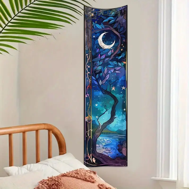 VIKAMA Painted Glass Wind Curved Moon Forest Lakeside Long Tapestry Wall Decoration Foyer Room Decoration Home Decoration