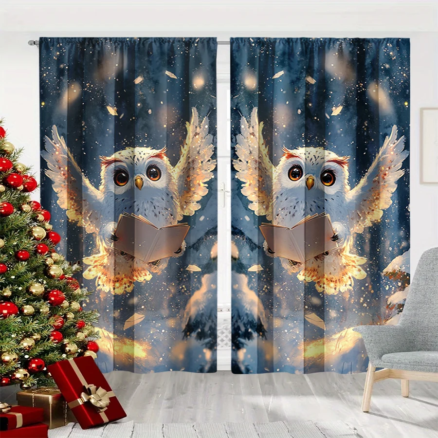 2PCS Christmas Winter Curtains, Owl Reading Book Golden Feather Snowy Night, Digital Print, Bedroom Living Room, Home Decor