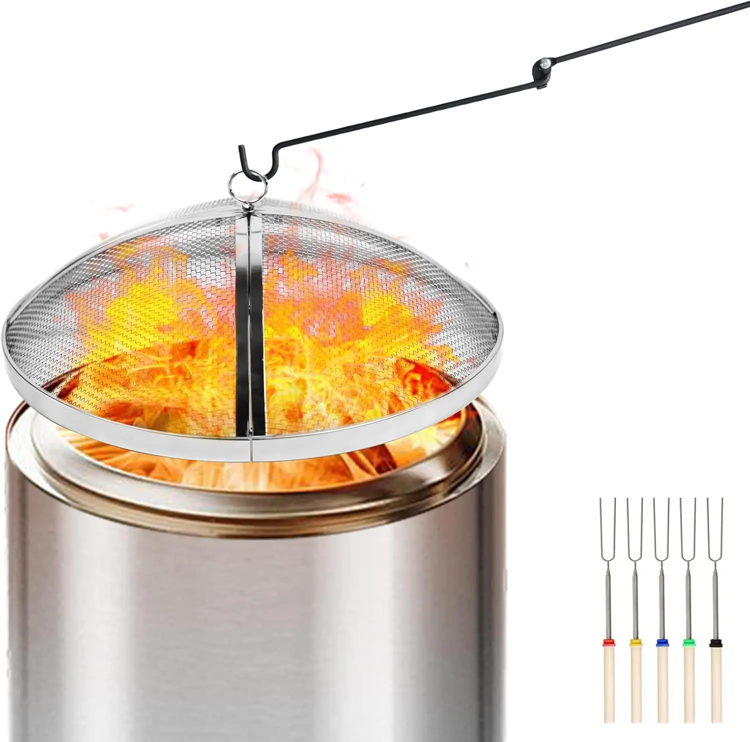 

27 Inch Fire Pit Screen for Yukon, Stainless Steel Mesh Cover with Poker & Marshmallow Sticks