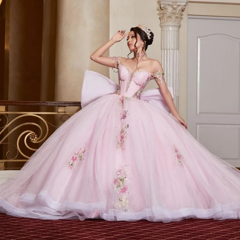 Розовые блестящие платья принцессы Sweet 16, Quinceanera с открытыми плечами, аппликация, кружево, бусины, бант, тюль, вечерние, день рождения, Vestido De 15 Anos